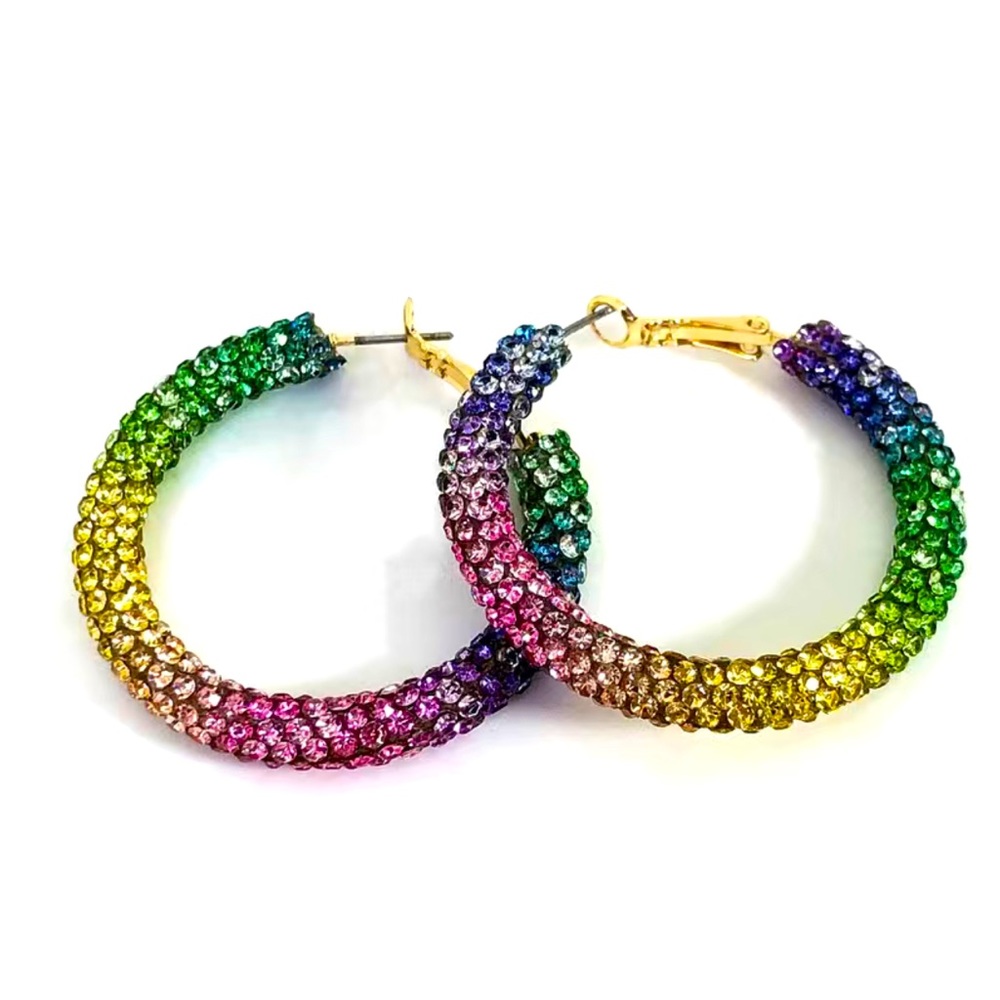 Rainbow Hoop Earrings Multi Color Rhinestones